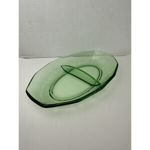 Vintage Uranium Glass Green Divided Oval Relish Dish Glows 8.5” MCM
